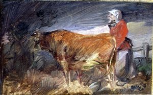 Kvinne og en ku i et landskap av Wilhelm Busch