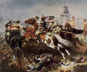 Kavalerislaget ved Rossbach, 5. november 1757 (forbedret fargelitografi) av Wilhelm Camphausen