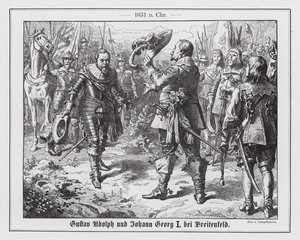 Gustavus Adolphus, konge av Sverige, og Johan Georg I, kurfyrste av Sachsen, før det første slaget ved Breitenfeld av Wilhelm Camphausen