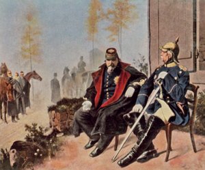 Napoleon III og Bismarck foran veverhytta i Donchery, 2. september 1870 (forbedret fargelitografi) av Wilhelm Camphausen