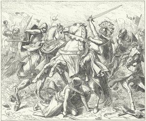 Opprøreren hertug Rudolf av Swabia ble dødelig såret i slaget ved Elster av Wilhelm Camphausen