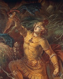 Sigurd dreper dragen Fafuir ved å holde Gram-sverdet, detalj, fra Sigurd Saga, Nedre Hall, ca. 1882-83 (veggmaleri) (se også 419035)