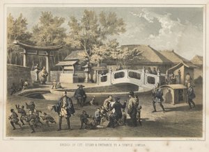 Bridge of Cut Stone og inngangen til et tempel, Simoda, 1855 av Wilhelm Joseph Heine