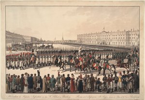 En gjennomgang av det russiske infanteriet på Palace Square i St Petersburg, 1809-1813 av Wilhelm Kobell Ritter von