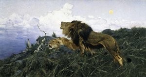 Løver i skumringen, av Wilhelm Kuhnert