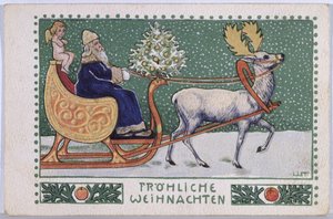 Postkort som viser julenissen på sin slede, ca. 1910