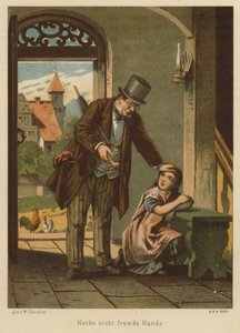 Far som trøstet datteren sin etter at hun led konsekvensene av å erte en hund (farge litho) av Wilhelm Ludwig Heinrich Claudius