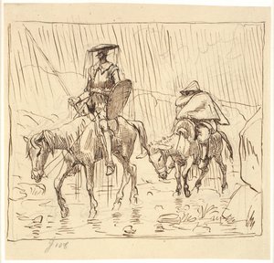 Don Quixote og Sancho Panza rir i øsende regn