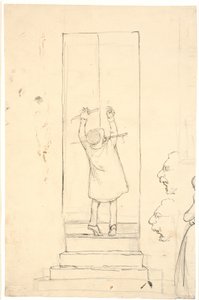 En liten mann står på tå for å åpne en dør med en hammer. Skisse av profiler og kvinne av Wilhelm Marstrand