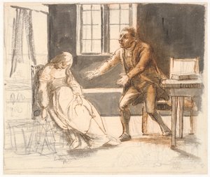 En mann strekker ut armene mot en kvinne som sitter besvimt i en stol av Wilhelm Marstrand