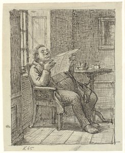 En feit herre som leser en avis med kaffen sin av Wilhelm Marstrand