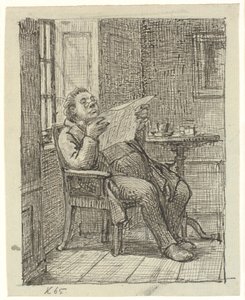 En feit herre som leser en avis med kaffen sin av Wilhelm Marstrand