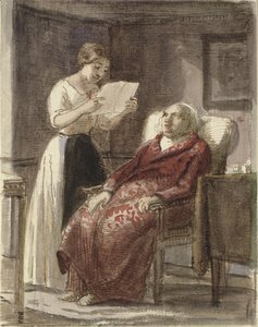 En ung jente leser et brev høyt for en gammel mann i en rød frakk av Wilhelm Marstrand