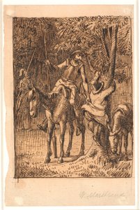 Før kampen med Mirror Knight hjelper Don Quixote Sancho Panza opp et tre