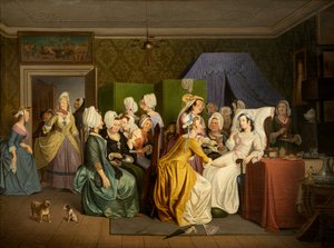 Scene fra Ludvig Holbergs «Fødselsrommet» (olje på lerret) av Wilhelm Marstrand