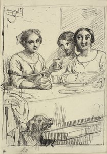 Tre jenter ved et bord, under bordet en hund