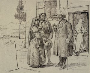 Utenfor et hus formaner en prest et ungt par av Wilhelm Marstrand