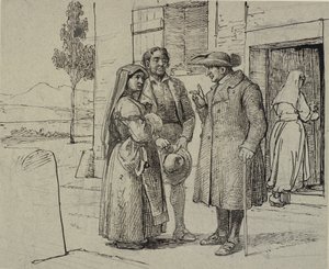 Utenfor et hus formaner en prest et ungt par av Wilhelm Marstrand