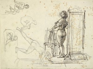 Ung jente i garderoben og fire modellstudioer av Wilhelm Marstrand