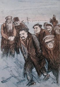 Karikatur av Leon Trotsky (1879-1940) i Sibir, fra magasinet Simplicissimus, januar 1928 (farge litho)