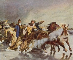 Kurfyrstens kryssing over Den kuriske lagune, januar 1679 (forbedret fargelitografi) av Wilhelm Simmler