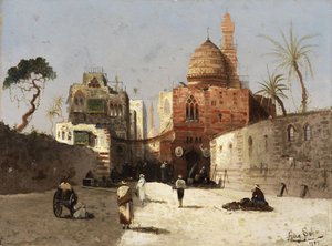 Norsk: Orientalsk gatebilde med moské, minaret og handelsmenn på en forgård. av Wilhelm Sohn