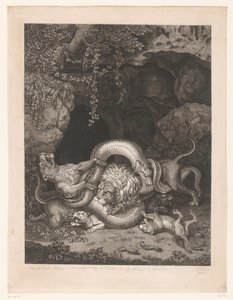 Løve og løvinne beskytter unger mot en slange av Wilhelm Tischbein