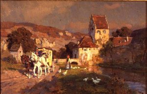 En hest og vogn ved en elv av Wilhelm Velten