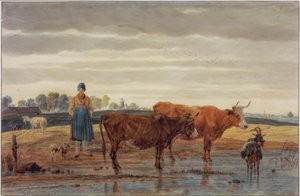 Bondekone med beitende storfe ved vannet av Wilhelm von Kobell