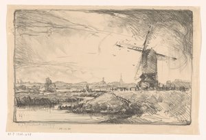Landskap med vindmølle nær Leiden av Willem Adrianus Grondhout (signed by artist)