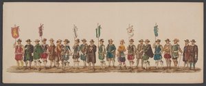 Delft parade av 1862, femte gruppe Fjerde Lustrum ved Royal Academy i Delft - Ao. 1862 - Costumed Optogt (serietittel på objekt)
