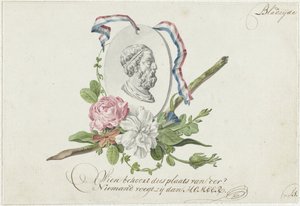 Vignett med blomster, portrettmedaljong og bånd av Willem Bilderdijk