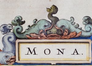 Delfiner, frontispice i Roquaille-stil. Detalj av Atlas di W. Blaeu, Amsterdam 1650. av Willem Blaeu