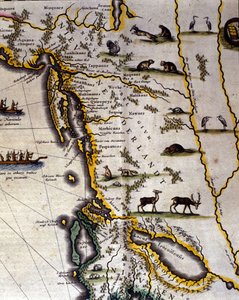 Geografisk kart over nederlandsk atlas fra 1600-tallet av Wilhelm Blaeu (1571-1638) som viser amerikanske og kanadiske territorier pelsdyrfolk. Norden ligger under etter middelalderskikk. av Willem Blaeu