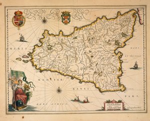 Kart over Sicilia, av Willem Blaeu, fra Regionum Italiae, gravering