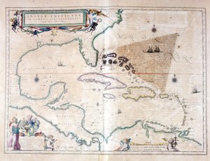 Det karibiske hav: du kan se Bermuda-trekanten mellom Bermuda-øygruppen, Miami og Puerto Rico. I følge Wilhelm Blaeus Atlas