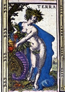 Jorden, et av de fire elementene representert i Atlas of W. Blaeu trykt i Amsterdam i 1655. av Willem Blaeu