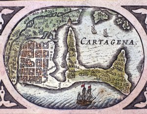 Utsikt over Cartagena i Colombia (Sør-Amerika). Detalj av et kart over Atlas "" Le Theatre du Monde"" av Willem Janszoon Blaeu (1571-1638) av Willem Blaeu