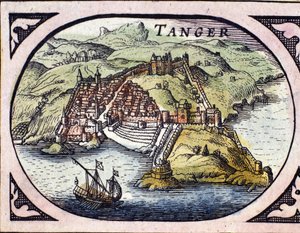 Utsikt over den befestede byen Tanger og kysten, Marokko. Kart fra det nederlandske atlas av W. G. Blaeu, Amsterdam av Willem Blaeu