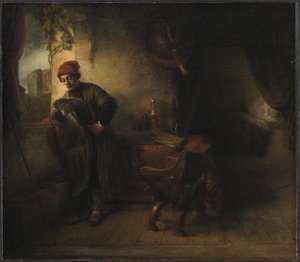 Stående ung mann ved vinduet i sin studielesing, kjent som "The Student"