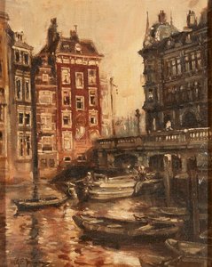 Bro over kanalen, Rotterdam (olje på lerret) av Willem Georg Frederik Jansen