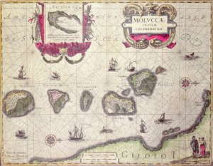 Kart over den molukkanske øya, gravert av Jodocus Hondius, 1630 (fargegravering)