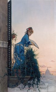 En elegant skjønnhet på en balkong med utsikt over Roma, med St. Peters kuppel i det fjerne av Willem Johannes Martens