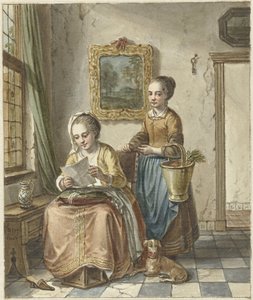Sittende kvinne med hushjelp, leser et brev