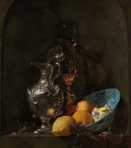 Stilleben med sølvmugge og porselensskål. 1655-60