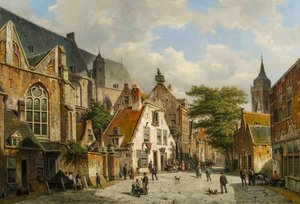 En nederlandsk gatescene om sommeren, 1800-tallet