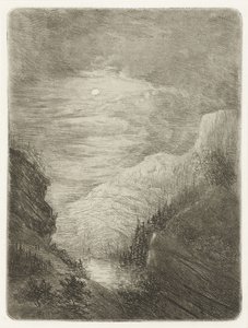 Fjelllandskap med elv i måneskinn