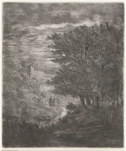 Kupert landskap med ruiner og båt på vann ved måneskinn av Willem Matthias Jan van Dielen