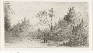 Kupert landskap med turgåere og hund i kanten av skog av Willem Matthias Jan van Dielen