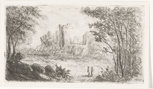 Landskap med ruiner av slott og to figurer
